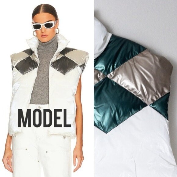 NEW Eaves Margot Puffer Vest S Green Gold Diamond Metallic Iridescent Plush - Picture 1 of 8
